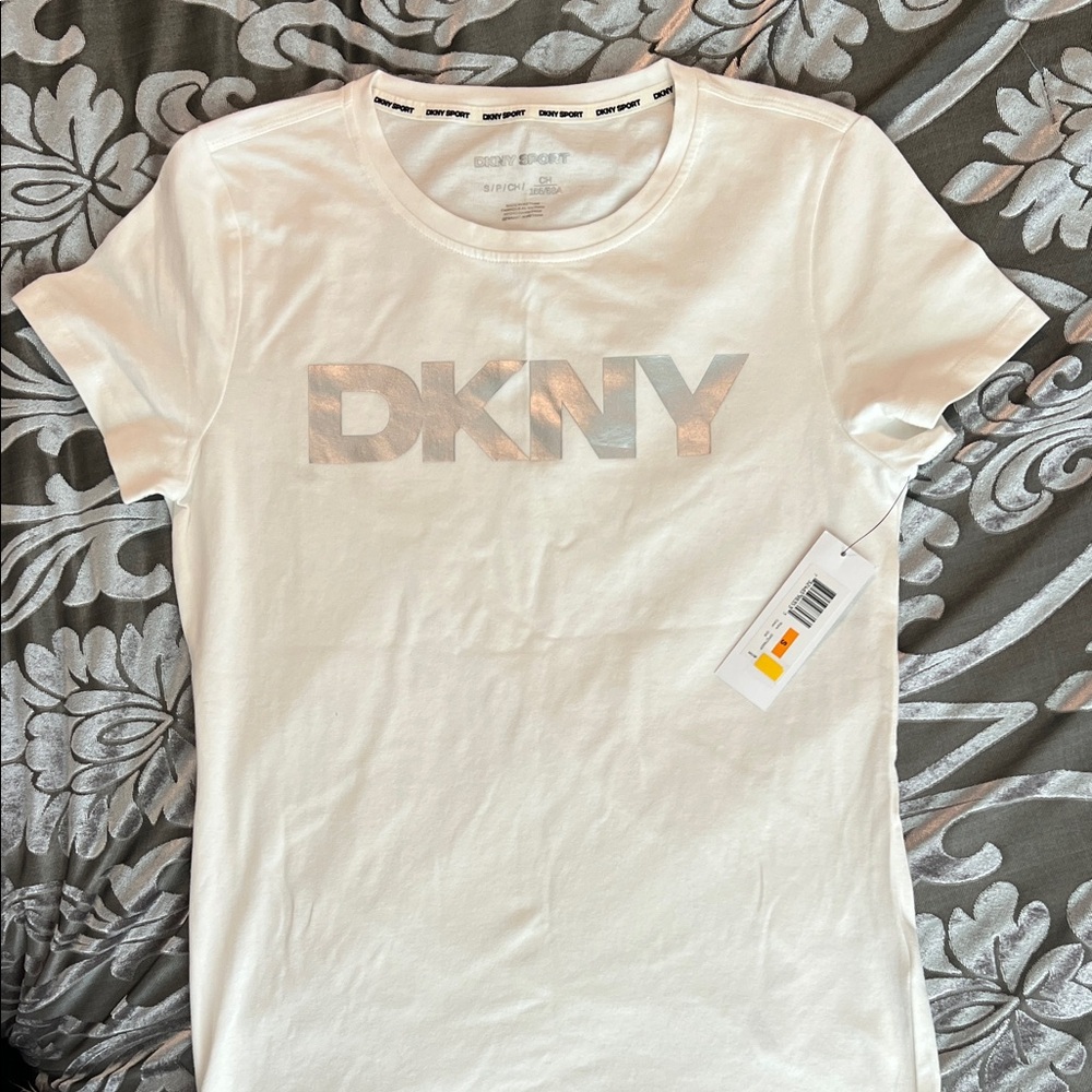 DKNY White T-Shirt with Silver Metallic Logo